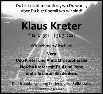 Traueranzeige von Klaus Kreter von Harz Kurier
