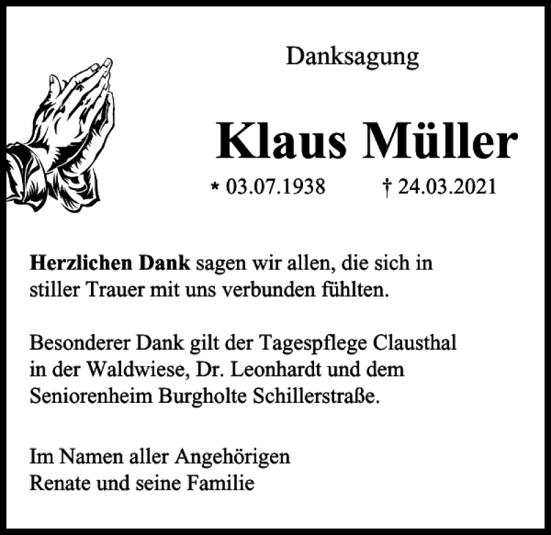  Traueranzeige für Klaus Müller vom 24.04.2021 aus Harz Kurier