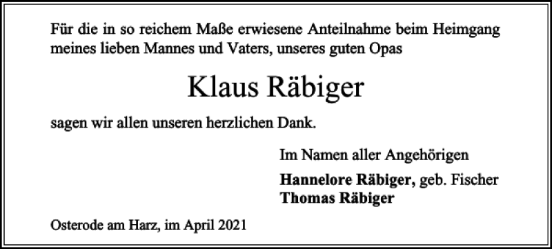  Traueranzeige für Klaus Räbiger vom 01.04.2021 aus Harz Kurier