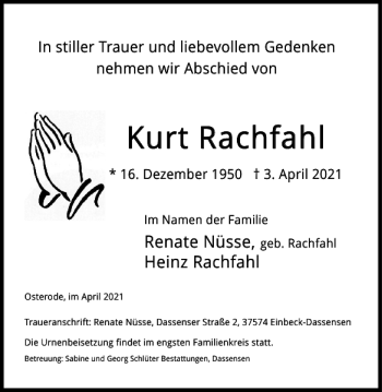 Traueranzeige von Kurt Rachfahl von Harz Kurier