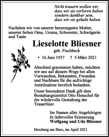 Traueranzeige von Lieselotte Bliesner von Harz Kurier