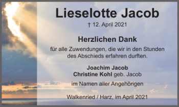 Traueranzeige von Lieselotte Jacob von Harz Kurier