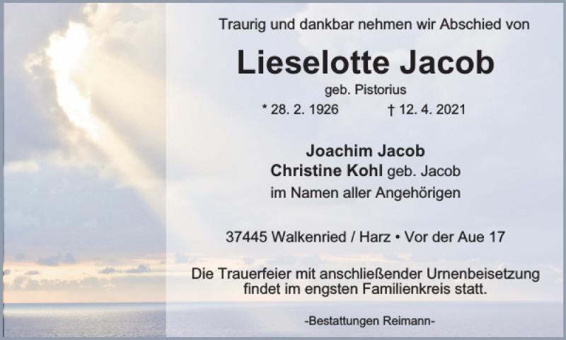  Traueranzeige für Lieselotte Jacob vom 17.04.2021 aus Harz Kurier