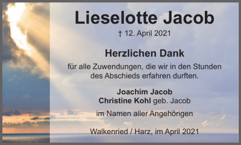  Traueranzeige für Lieselotte Jacob vom 30.04.2021 aus Harz Kurier
