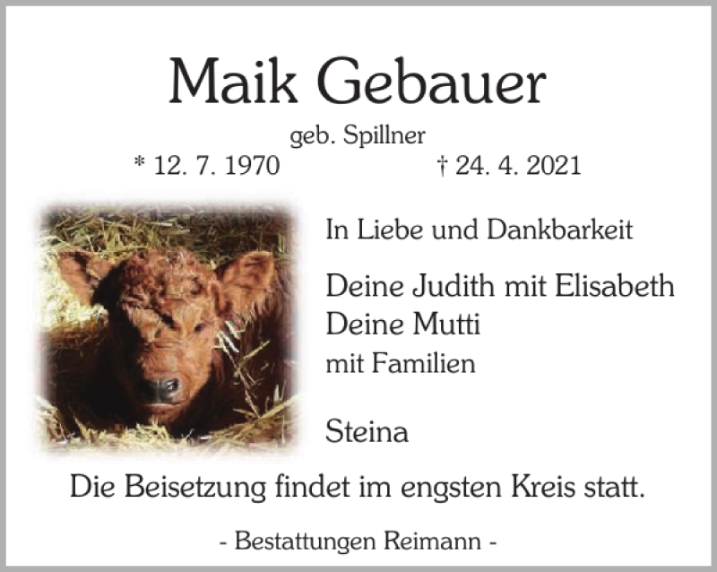  Traueranzeige für Maik Gebauer vom 30.04.2021 aus Harz Kurier