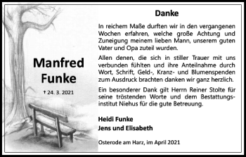 Traueranzeige von Manfred Funke von Harz Kurier
