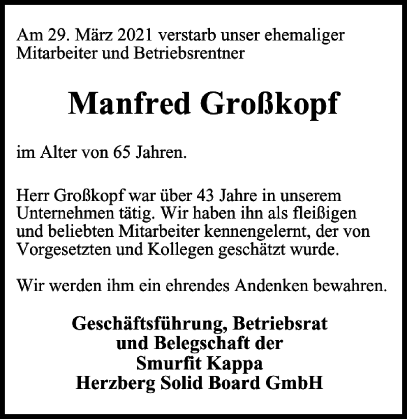  Traueranzeige für Manfred Großkopf vom 09.04.2021 aus Harz Kurier