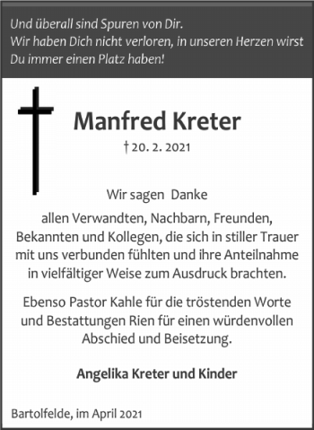 Traueranzeige von Manfred Kreter von Harz Kurier