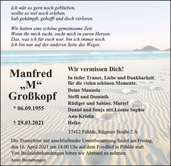 Traueranzeige von Manfred M Großkopf von Harz Kurier