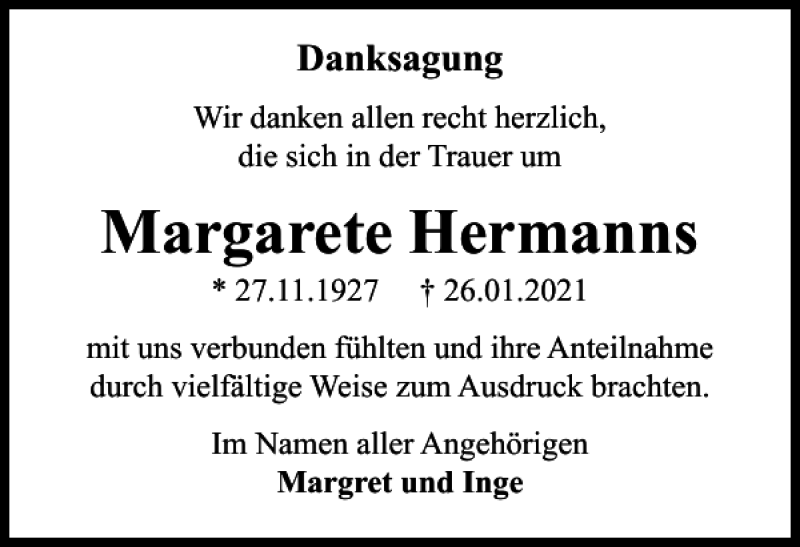  Traueranzeige für Margarete Hermanns vom 03.04.2021 aus Harz Kurier