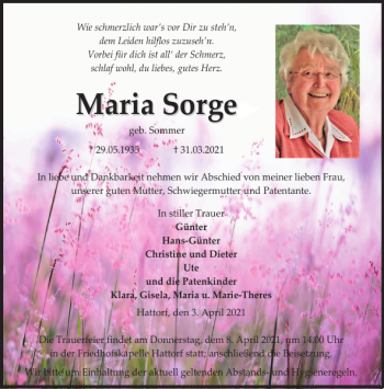 Traueranzeige von Maria Sorge von Harz Kurier