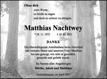 Traueranzeige von Matthias Nachtwey von Harz Kurier