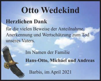 Traueranzeige von Otto Wedekind von Harz Kurier
