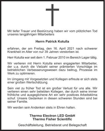 Traueranzeige von Patrick Kotulla von Harz Kurier