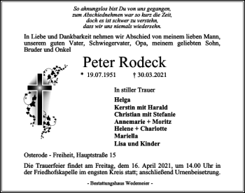 Traueranzeige von Peter Rodeck von Harz Kurier