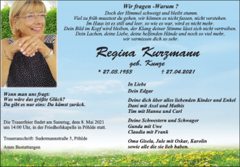 Traueranzeige von Regina Kurzmann von Harz Kurier