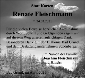 Traueranzeige von Renate Fleischmann von Harz Kurier