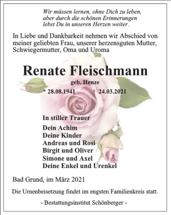 Traueranzeige von Renate Fleischmann von Harz Kurier