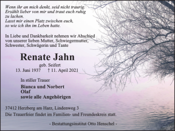 Traueranzeige von Renate Jahn von Harz Kurier