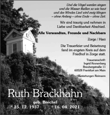 Traueranzeige von Ruth Brackhahn von Harz Kurier