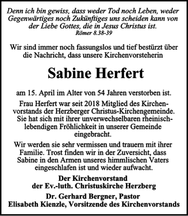  Traueranzeige für Sabine Herfert vom 28.04.2021 aus Harz Kurier