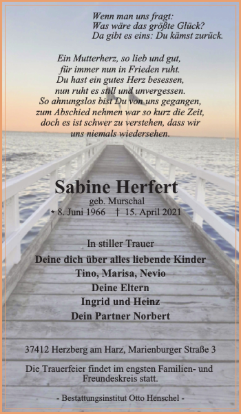 Traueranzeige von Sabine Herfert von Harz Kurier