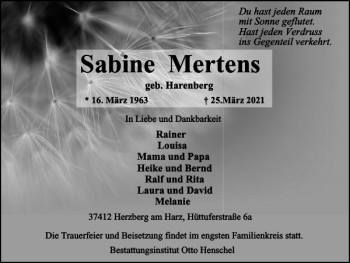 Traueranzeige von Sabine Mertens von Harz Kurier