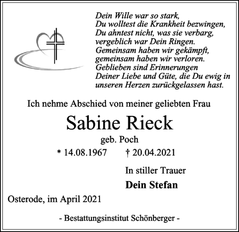  Traueranzeige für Sabine Rieck vom 27.04.2021 aus Harz Kurier