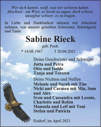 Traueranzeige von Sabine Rieck von Harz Kurier