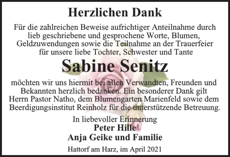  Traueranzeige für Sabine Senitz vom 30.04.2021 aus Harz Kurier