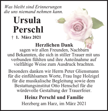 Traueranzeige von Ursula Perschl von Harz Kurier