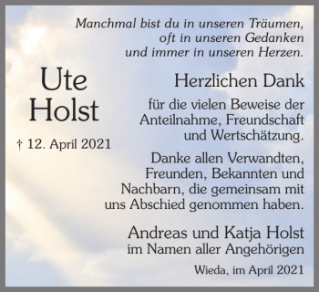 Traueranzeige von Ute Holst von Harz Kurier