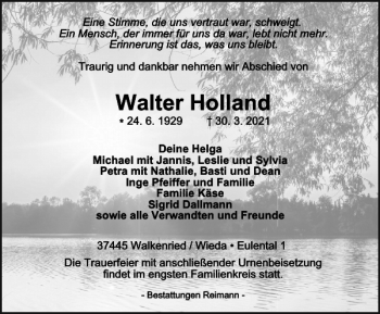 Traueranzeige von Walter Holland von Harz Kurier