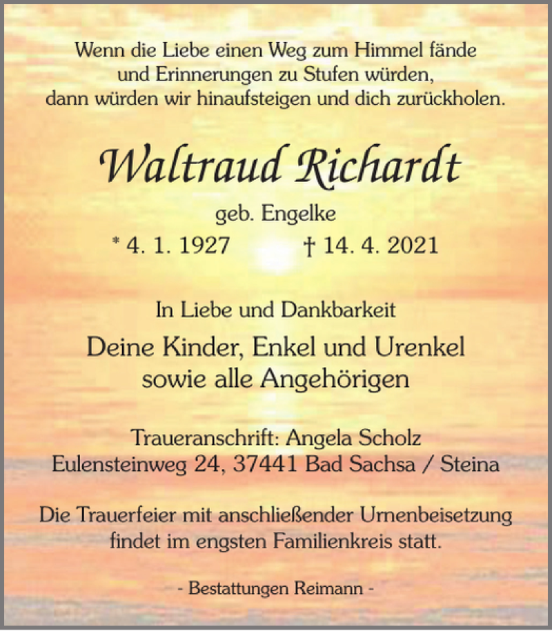  Traueranzeige für Waltraud Richardt vom 17.04.2021 aus Harz Kurier