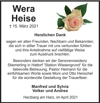 Traueranzeige von Wera Heise von Harz Kurier