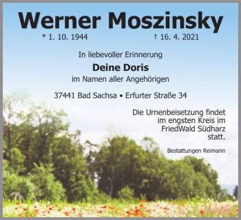 Traueranzeige von Werner Moszinsky von Harz Kurier