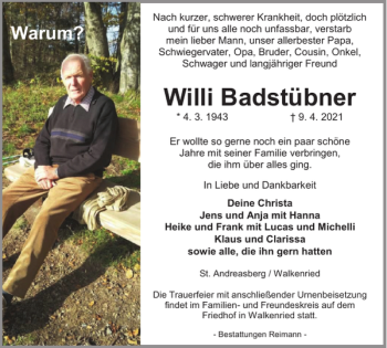 Traueranzeige von Willi Badstübner von Harz Kurier