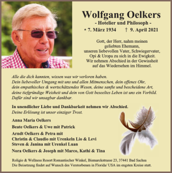 Traueranzeige von Wolfgang Oelkers von Harz Kurier