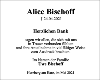 Traueranzeige von Alice Bischoff von Harz Kurier