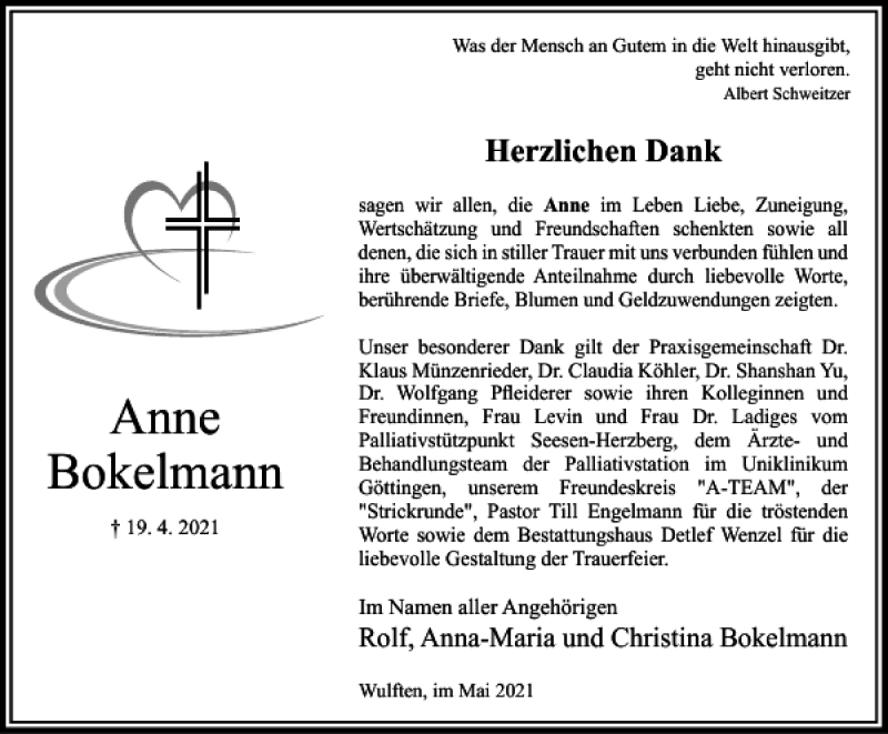  Traueranzeige für Anne Bokelmann vom 08.05.2021 aus Harz Kurier