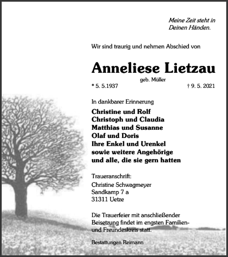  Traueranzeige für Anneliese Lietzau vom 14.05.2021 aus Harz Kurier