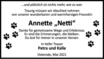 Traueranzeige von Annette Netti von Harz Kurier