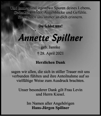 Traueranzeige von Annette Spillner von Harz Kurier