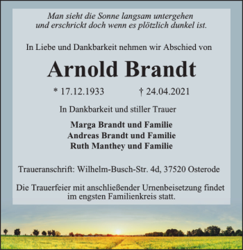 Traueranzeige von Arnold Brandt von Harz Kurier