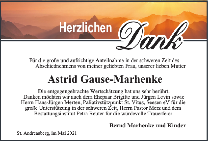  Traueranzeige für Astrid Gause-Marhenke vom 15.05.2021 aus Harz Kurier