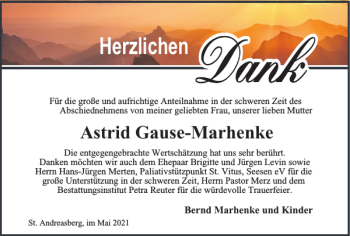 Traueranzeige von Astrid Gause-Marhenke von Harz Kurier