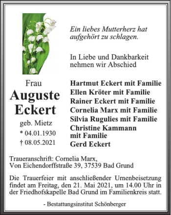 Traueranzeige von Auguste Eckert von Harz Kurier