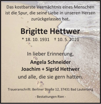 Traueranzeige von Brigitte Hettwer von Harz Kurier