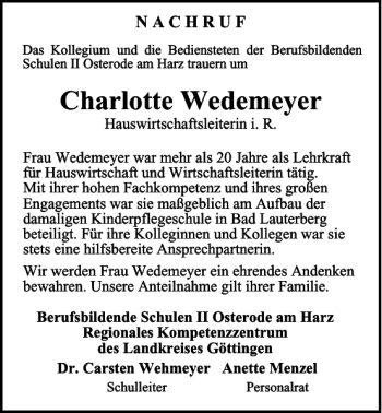 Traueranzeige von Charlotte Wedemeyer von Harz Kurier
