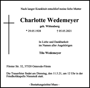 Traueranzeige von Charlotte Wedemeyer von Harz Kurier
